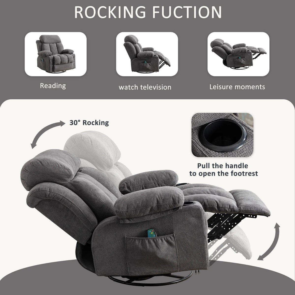 Swinging recliner massage heated sofa with USB and cup holders V37953
