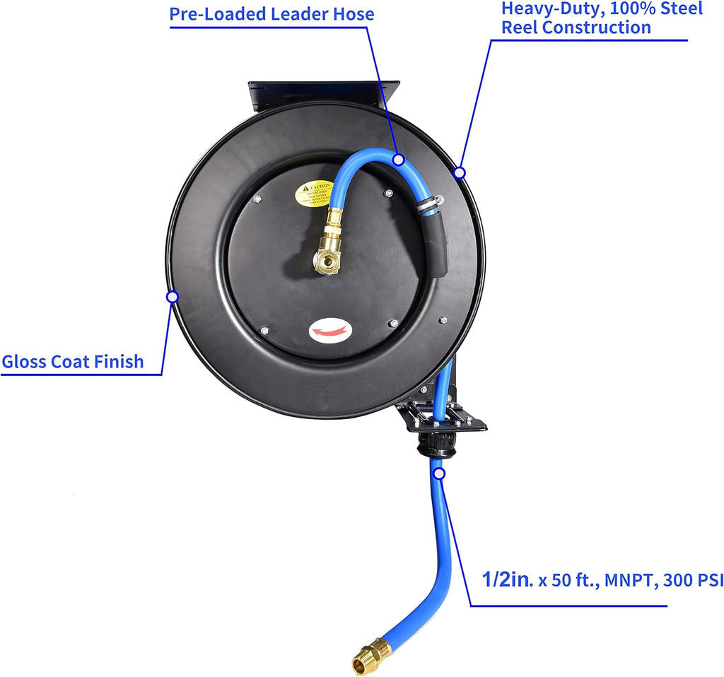 Retractable Air Hose Reel, 1/2" x 50' Ft, Steel, Rubber Hose T649