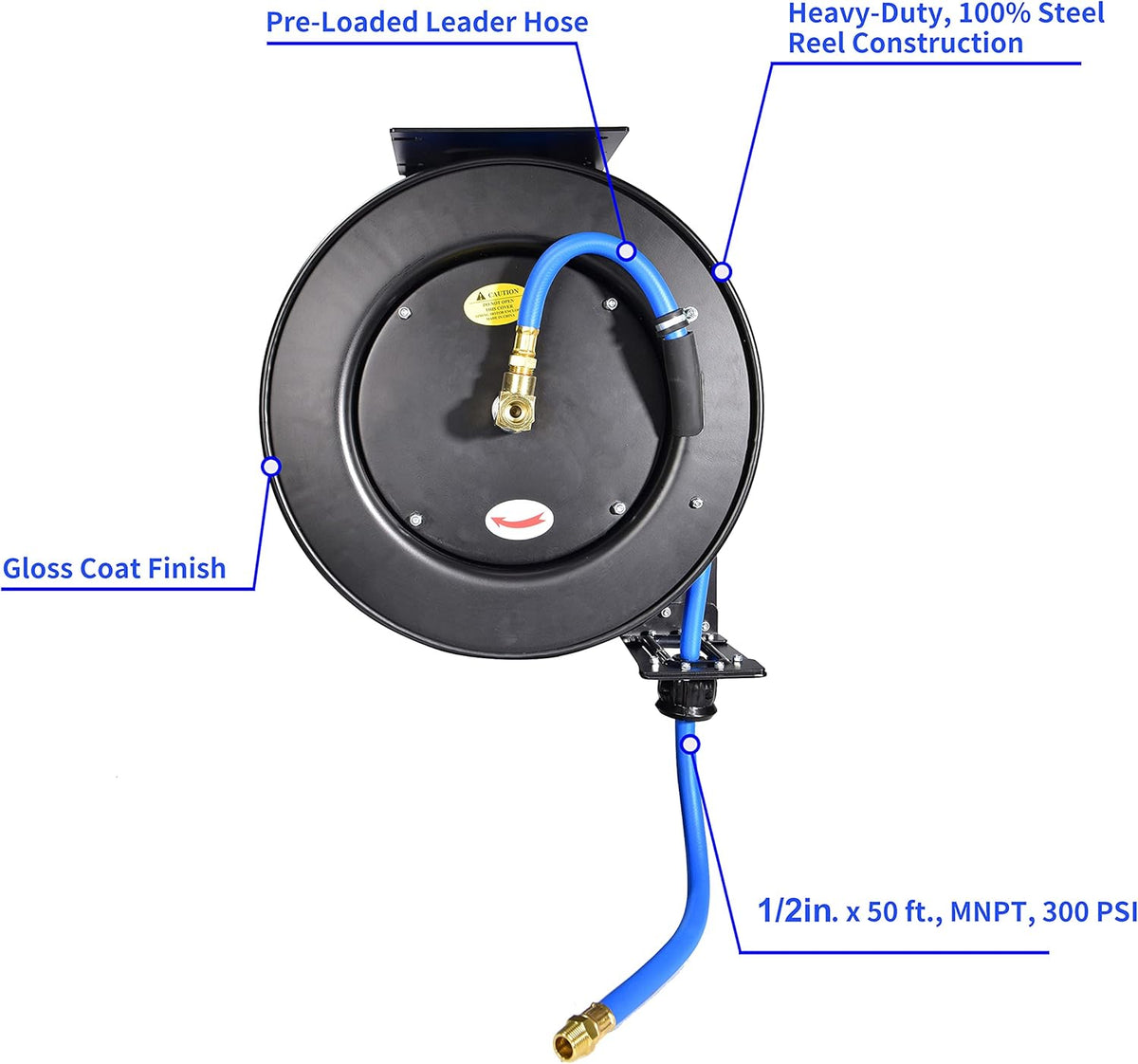 Retractable Air Hose Reel, 1/2" x 50' Ft, Steel, Rubber Hose T649